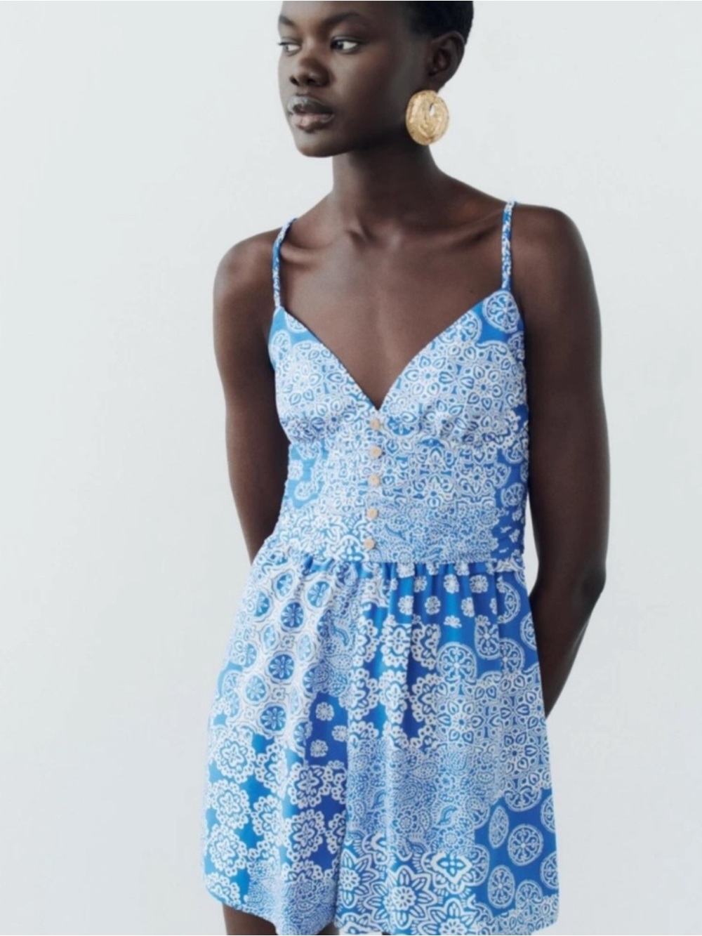 Zara Blue and White Printed Sundress with Braided Straps